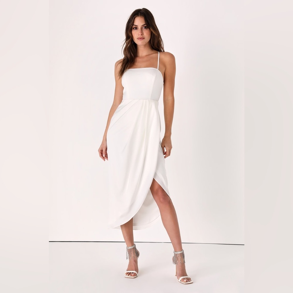 Truly Irresistible White Satin Lace-Up Tulip Midi Dress Lulus XL